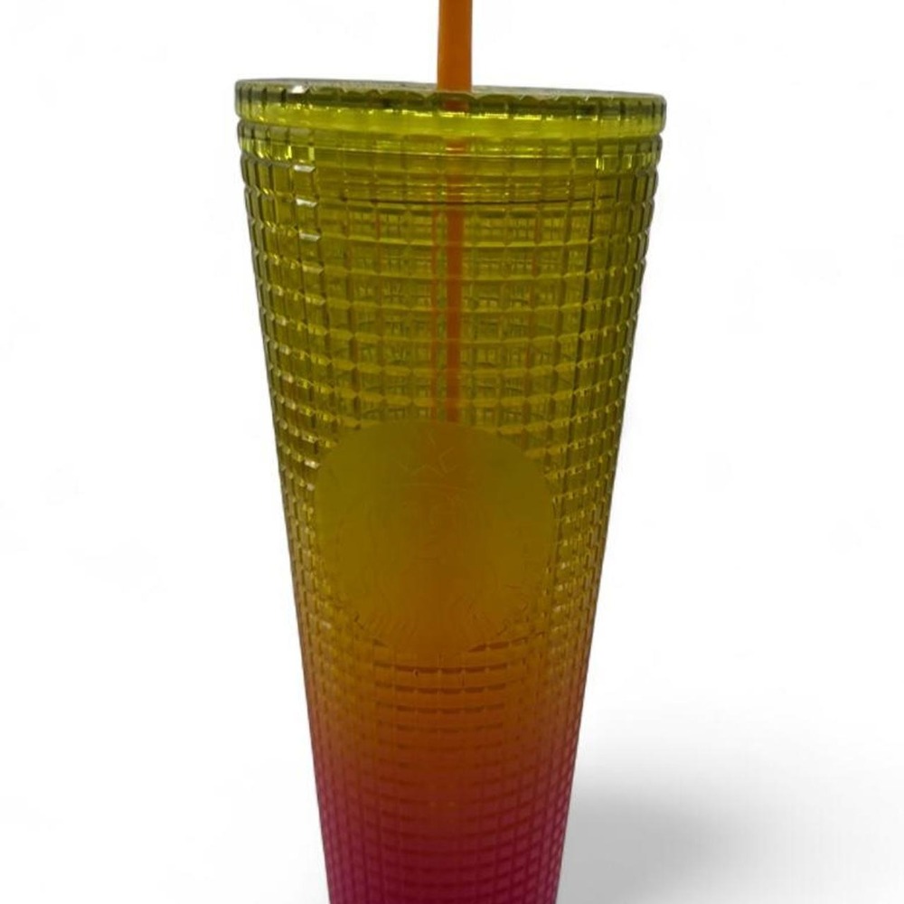 Starbucks 2022 Lemon Yellow Pink Gradient Ombre Grid 24oz Venti Tumbler NWT